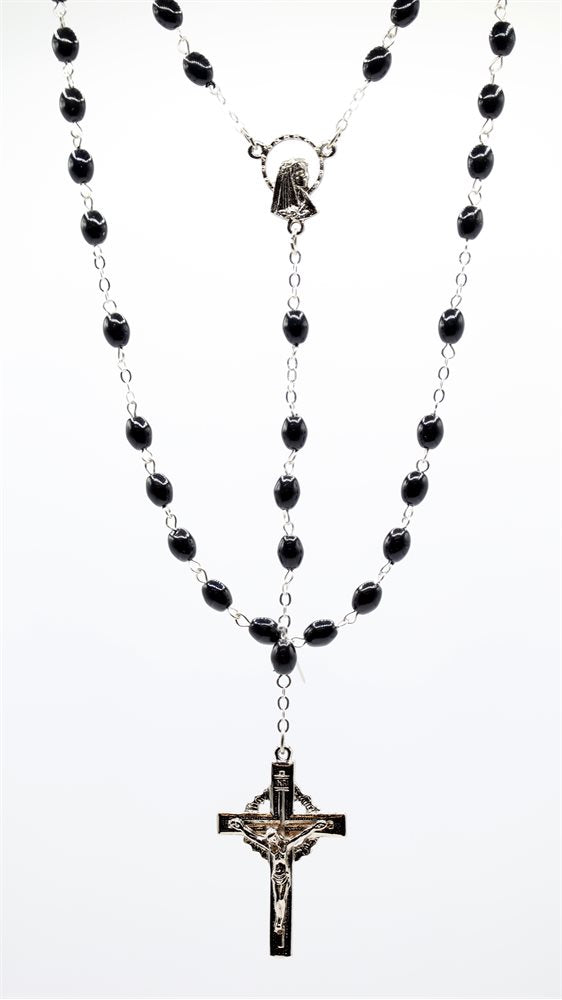 Rosary, 5 mm Pearl Black Glass Beads, 21"