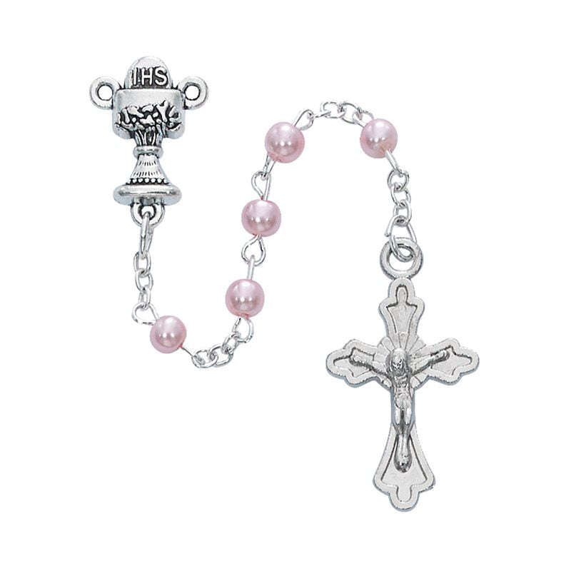 Boxed rosary, 4 mm pink pearl, silver cross & center