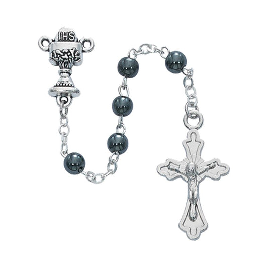 Boxed rosary, 4 mm gray pearl, silver cross & center