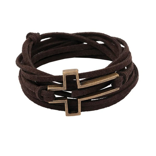 Crossed Brown Leather Bracelet, Metal Cross